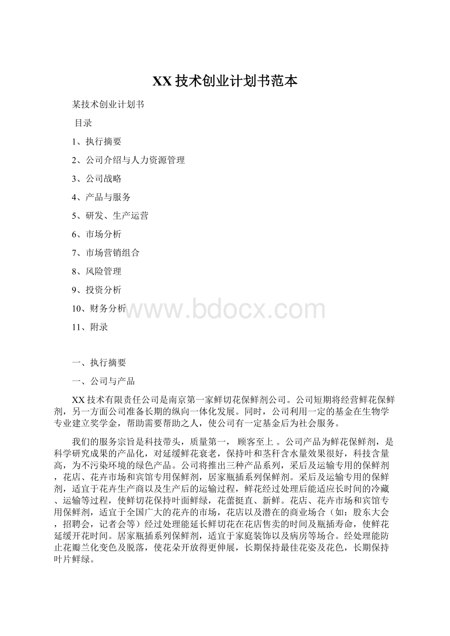 XX技术创业计划书范本文档格式.docx_第1页