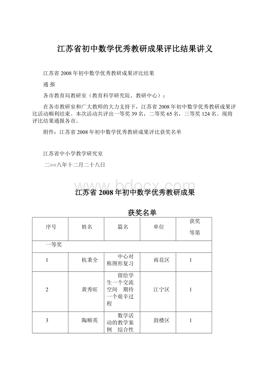 江苏省初中数学优秀教研成果评比结果讲义Word格式.docx