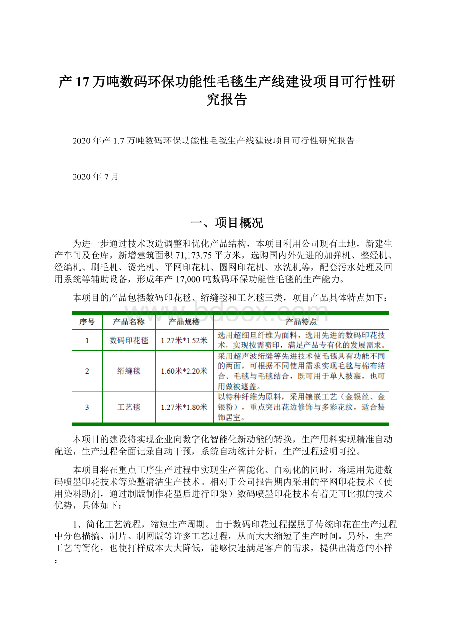 产17万吨数码环保功能性毛毯生产线建设项目可行性研究报告Word格式文档下载.docx