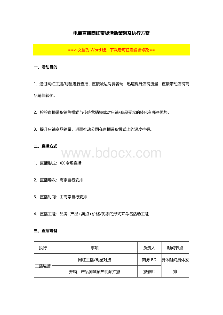 抖音电商网红直播带货活动策划及执行方案范本Word格式文档下载.docx