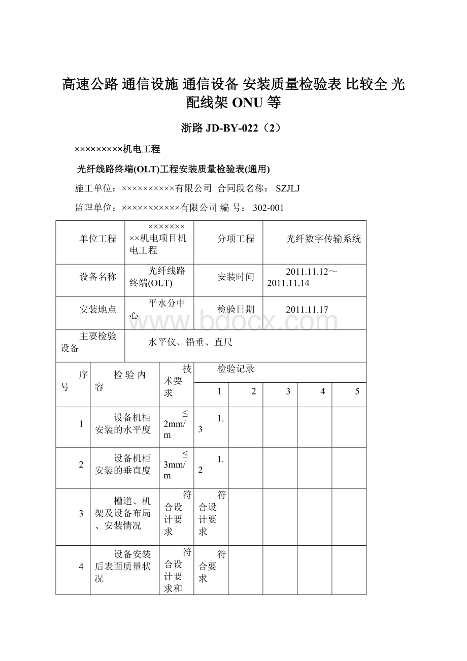 高速公路 通信设施 通信设备 安装质量检验表 比较全光配线架 ONU 等Word下载.docx_第1页