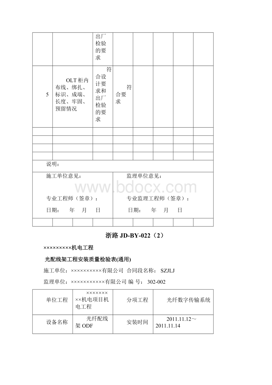 高速公路 通信设施 通信设备 安装质量检验表 比较全光配线架 ONU 等Word下载.docx_第2页