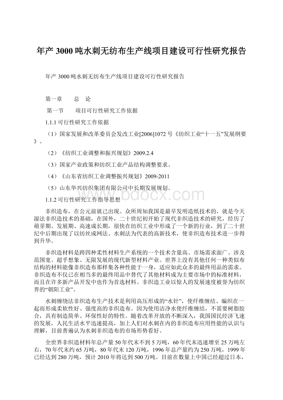 年产3000吨水刺无纺布生产线项目建设可行性研究报告文档格式.docx_第1页