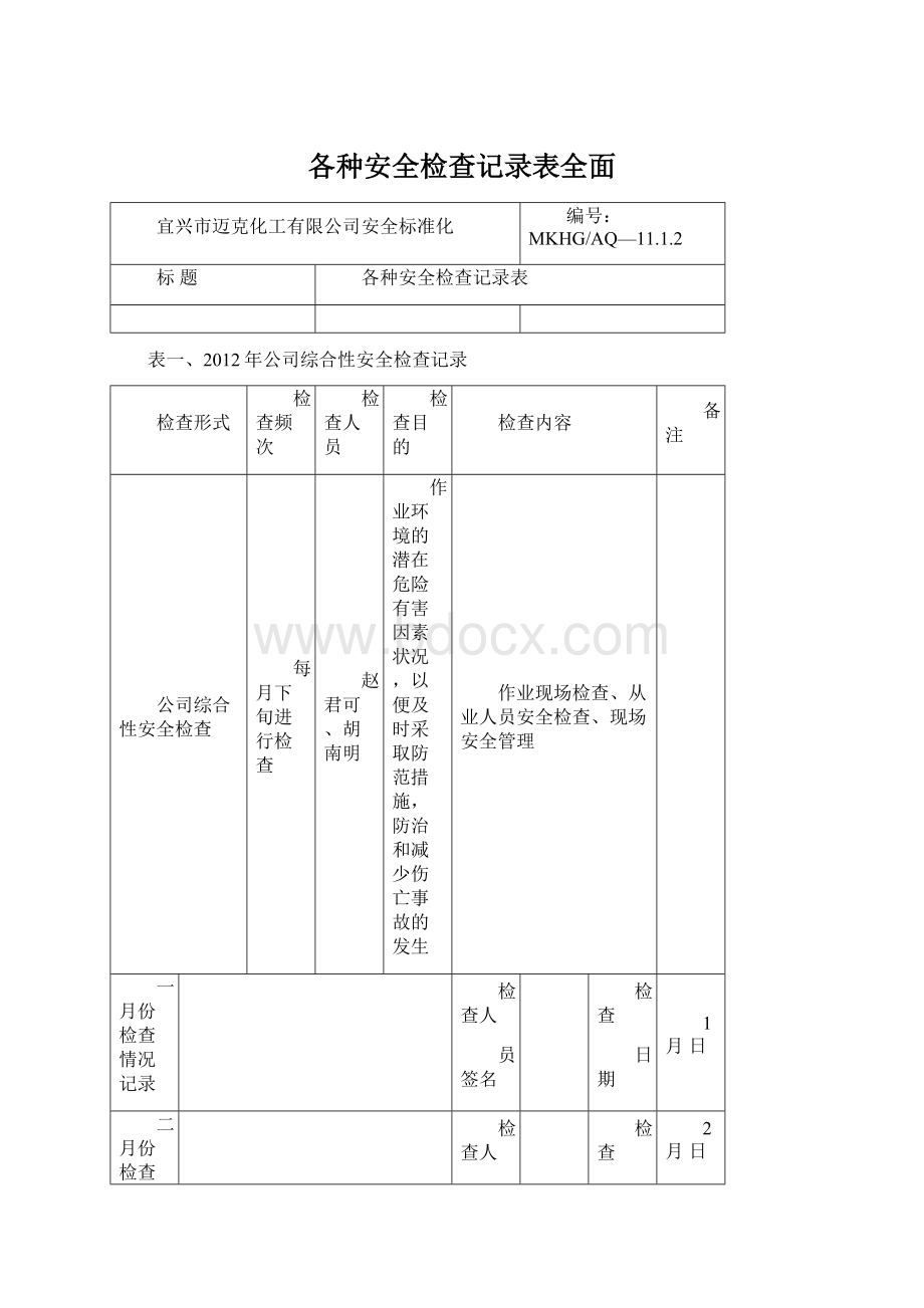 各种安全检查记录表全面Word文档下载推荐.docx