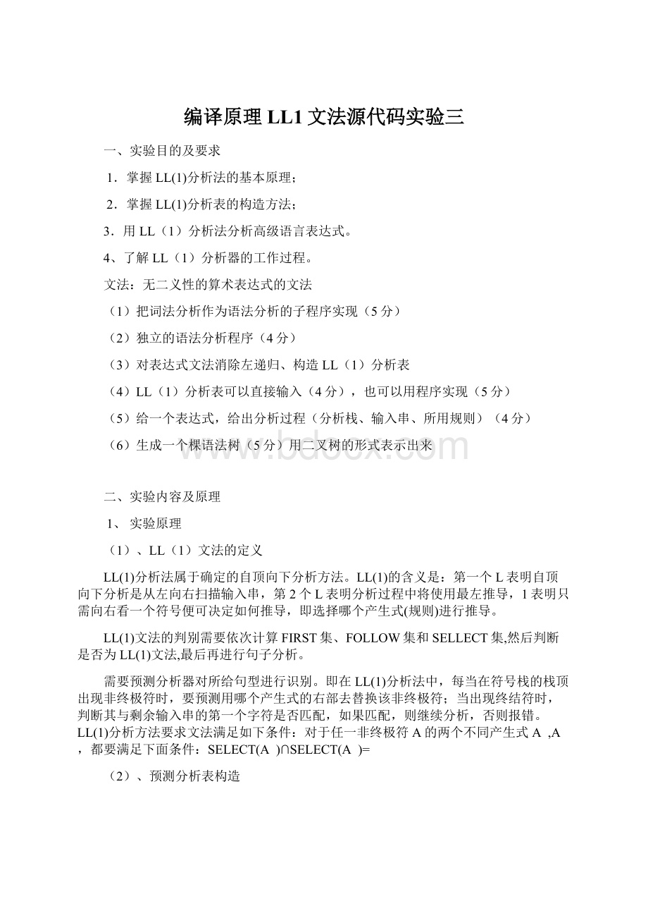 编译原理LL1文法源代码实验三.docx