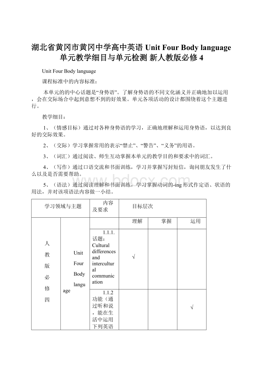 湖北省黄冈市黄冈中学高中英语 Unit Four Body language单元教学细目与单元检测 新人教版必修4.docx_第1页