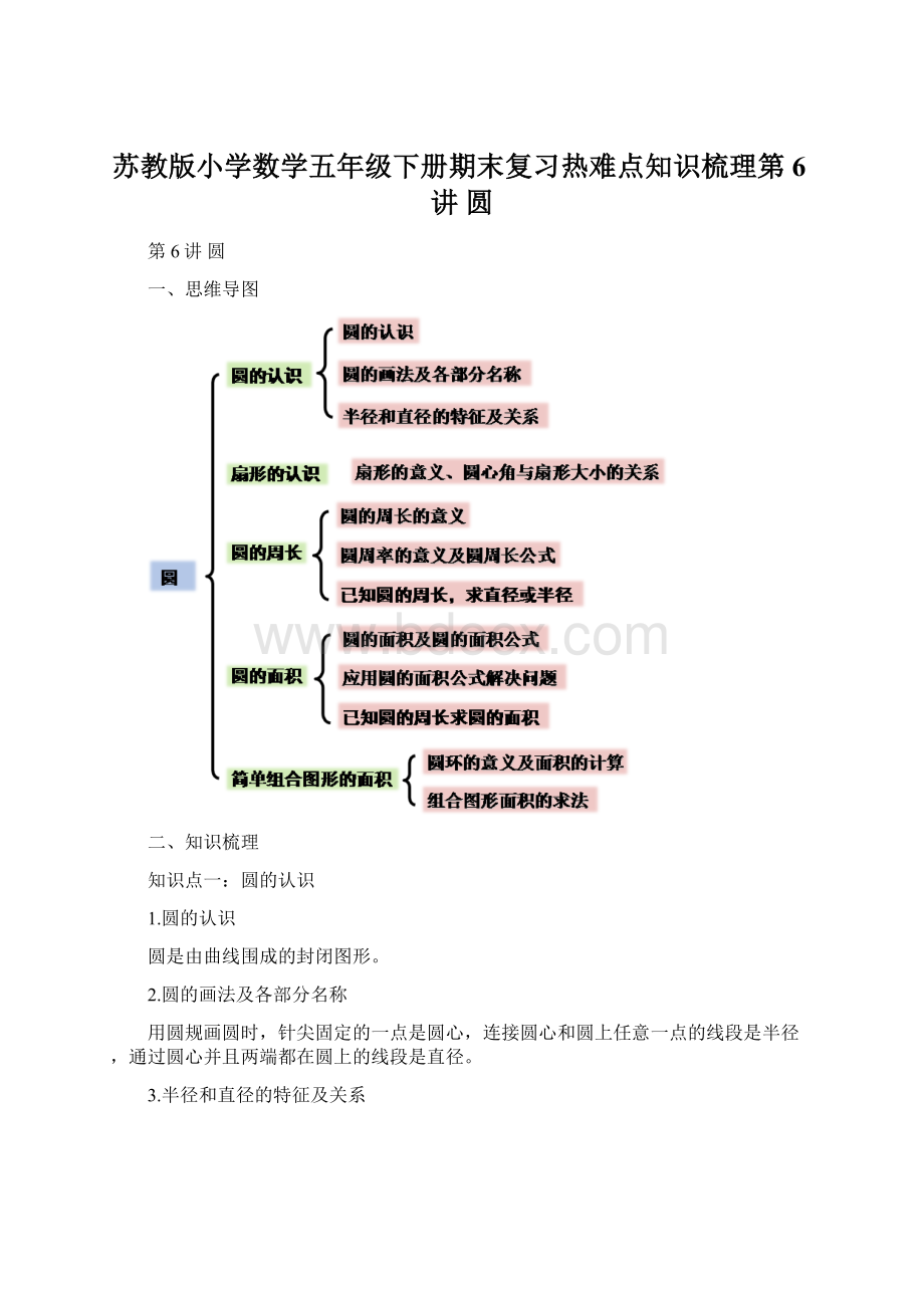 苏教版小学数学五年级下册期末复习热难点知识梳理第6讲 圆Word文件下载.docx