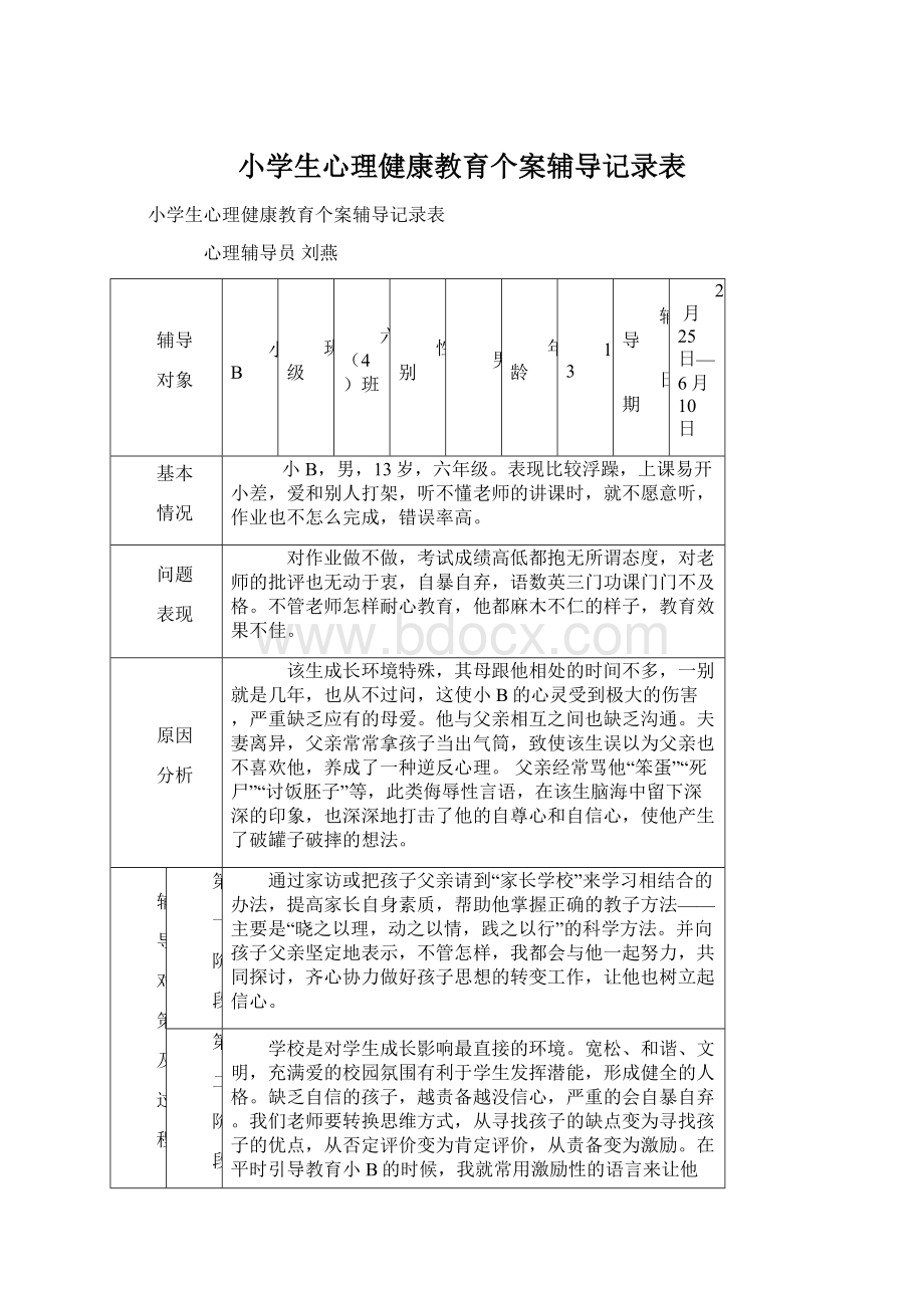 小学生心理健康教育个案辅导记录表.docx_第1页