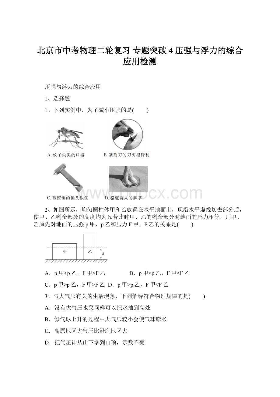 北京市中考物理二轮复习 专题突破4 压强与浮力的综合应用检测.docx