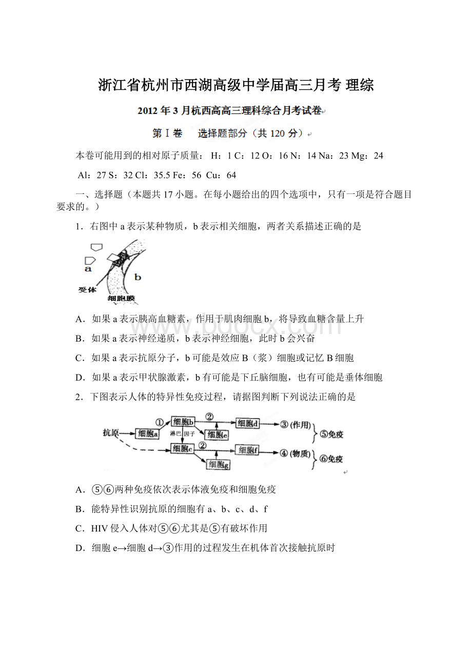 浙江省杭州市西湖高级中学届高三月考 理综Word文件下载.docx_第1页