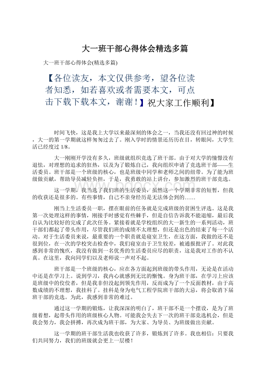 大一班干部心得体会精选多篇文档格式.docx