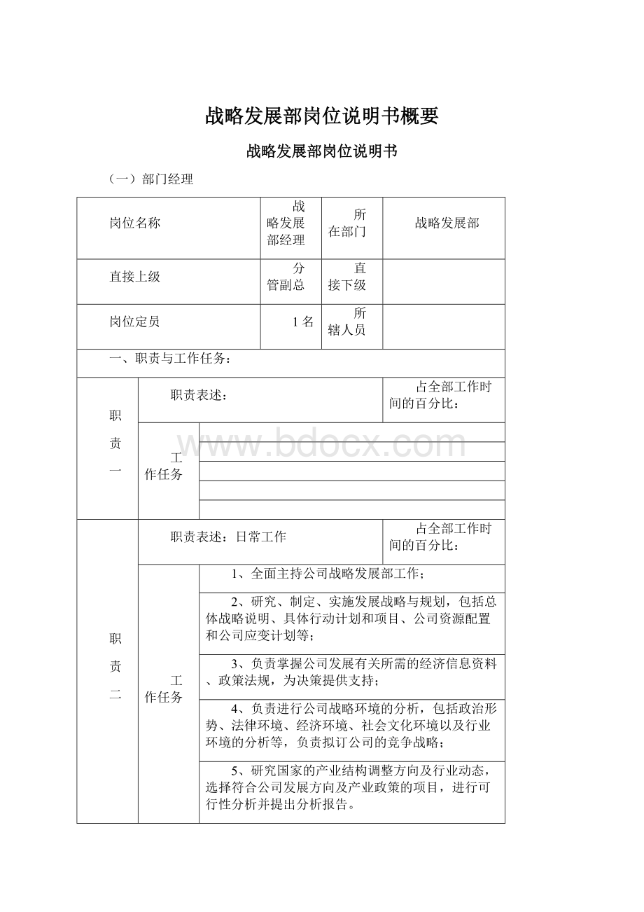 战略发展部岗位说明书概要Word文件下载.docx_第1页