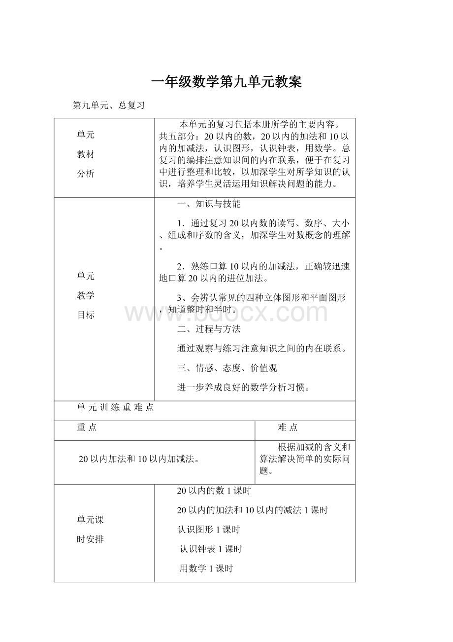 一年级数学第九单元教案Word格式文档下载.docx