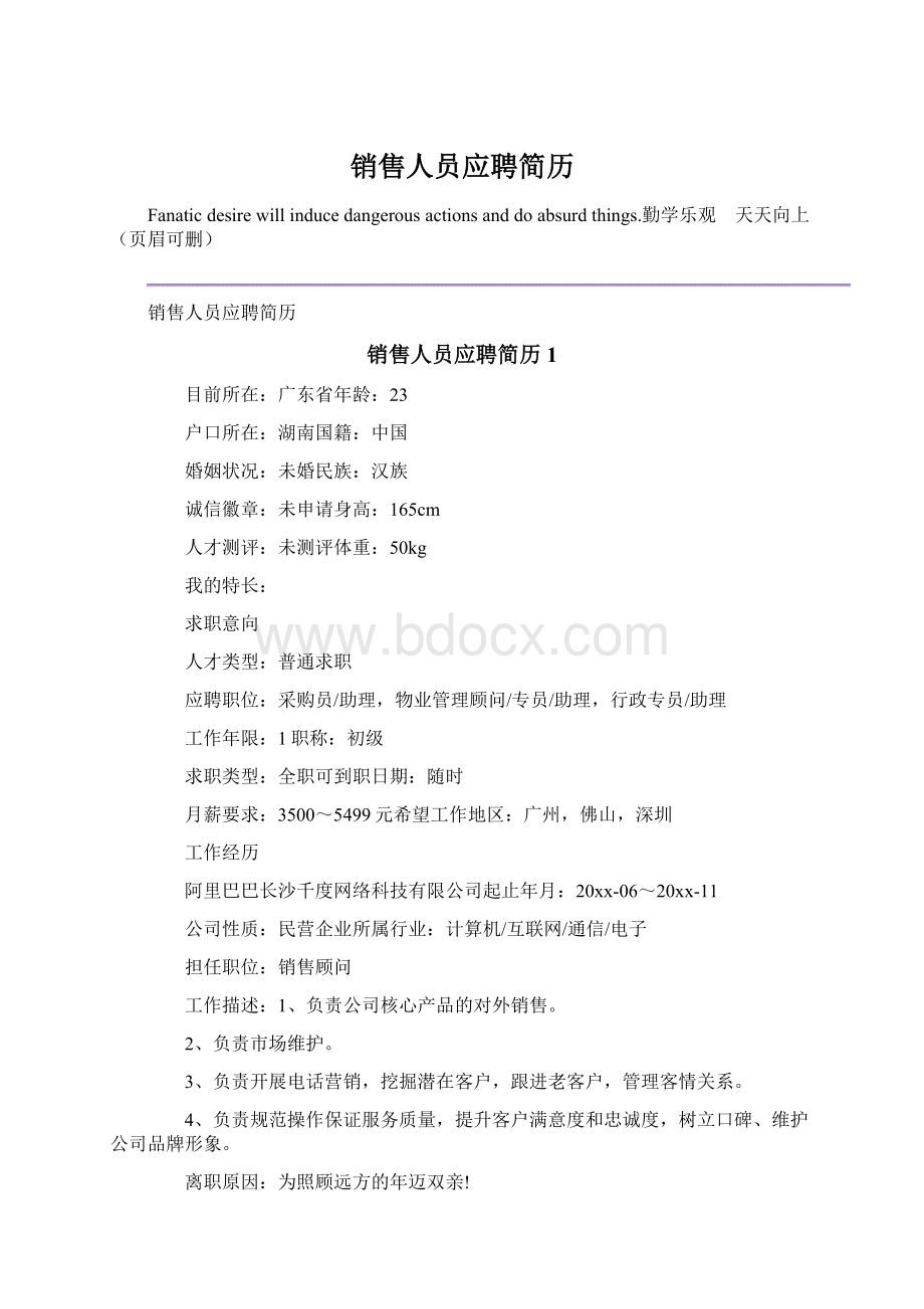 销售人员应聘简历Word格式.docx