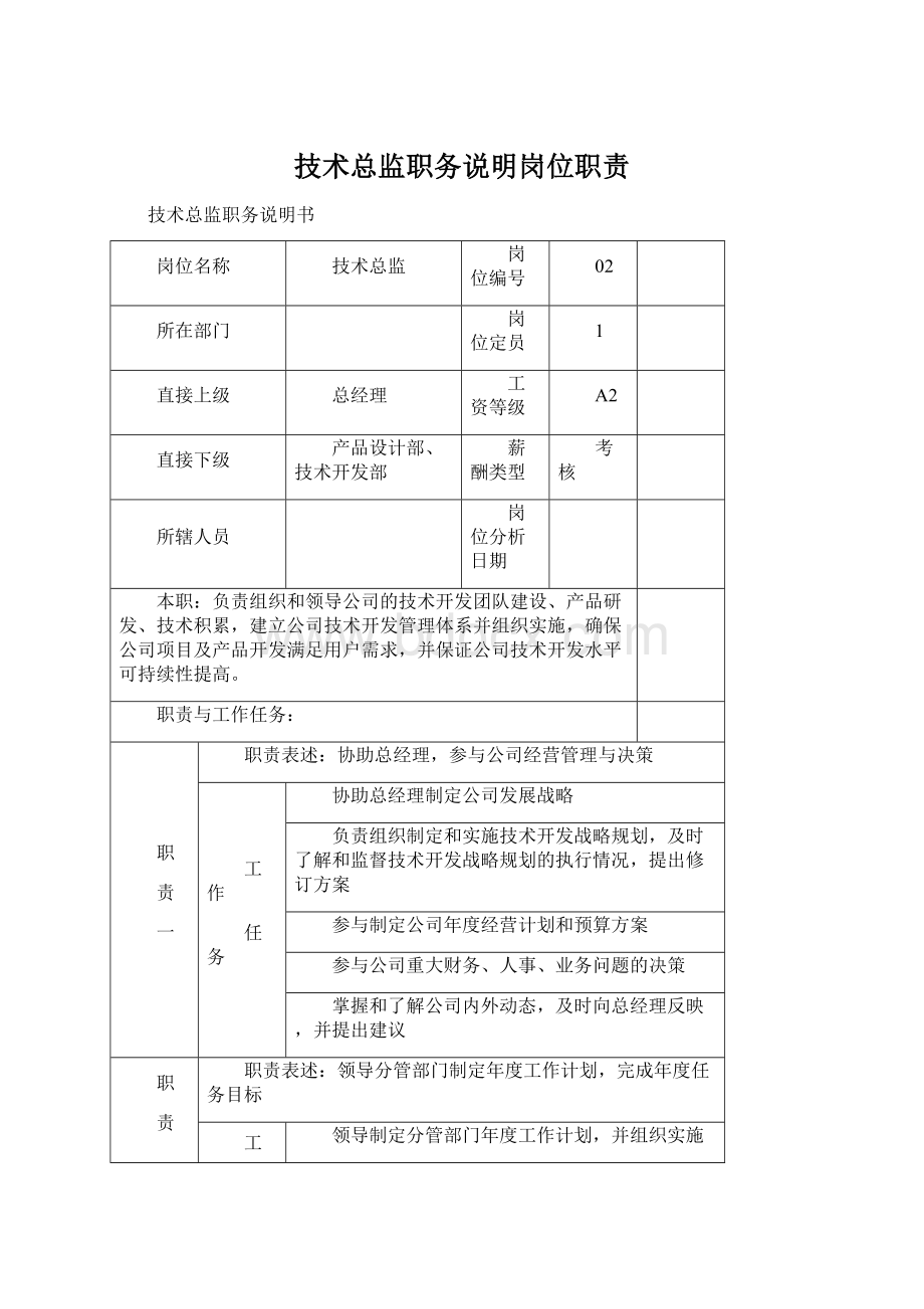 技术总监职务说明岗位职责.docx_第1页