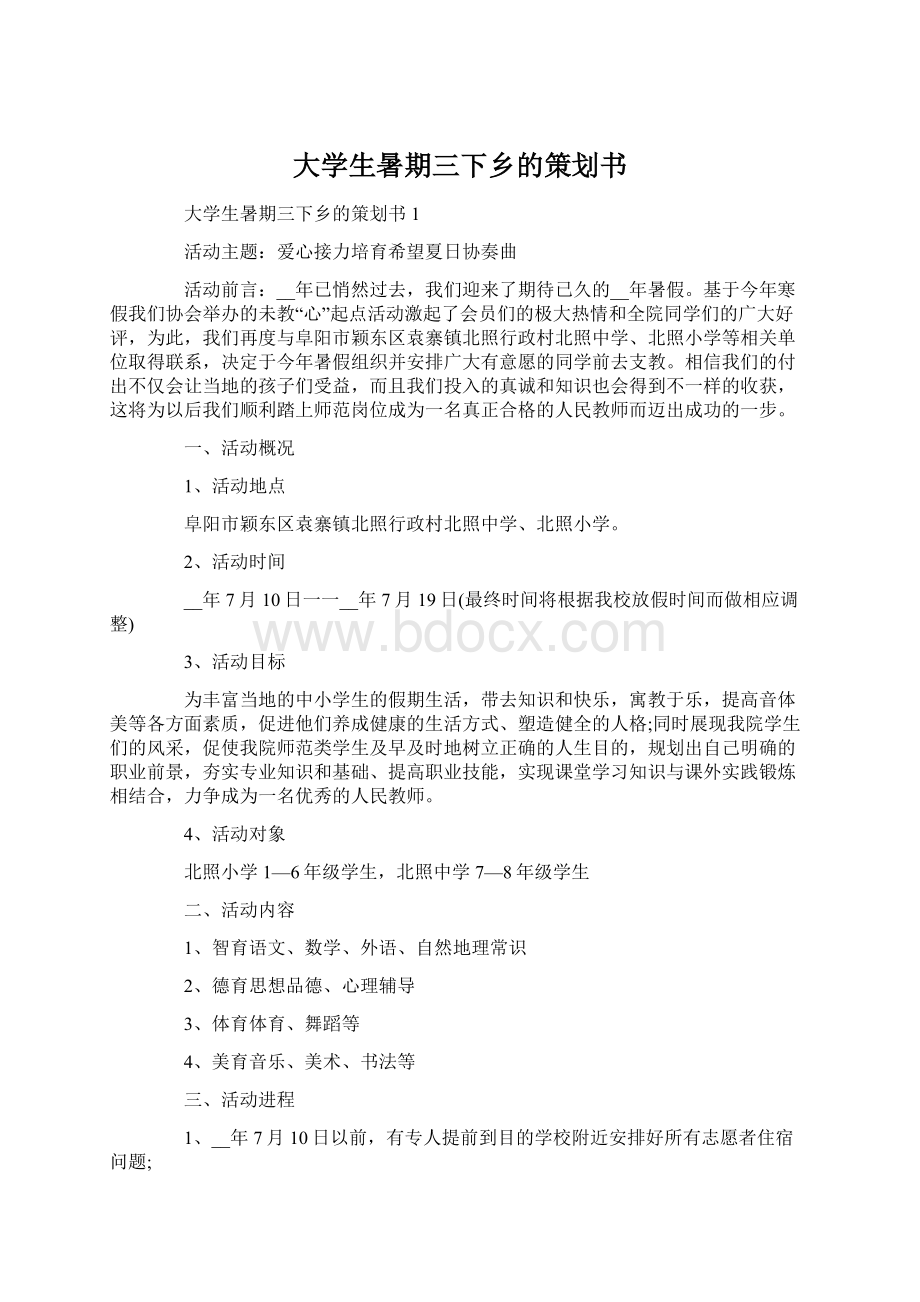 大学生暑期三下乡的策划书文档格式.docx_第1页