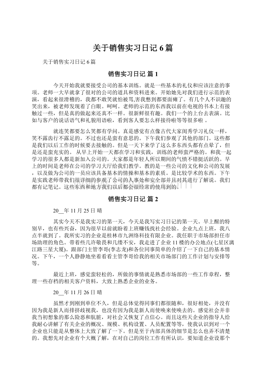 关于销售实习日记6篇Word格式文档下载.docx_第1页