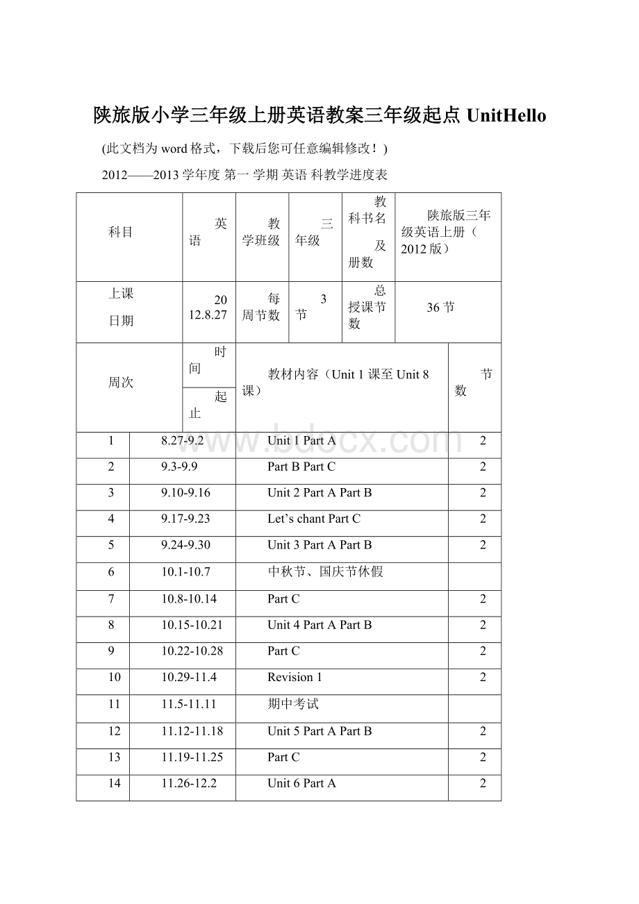 陕旅版小学三年级上册英语教案三年级起点UnitHello.docx_第1页