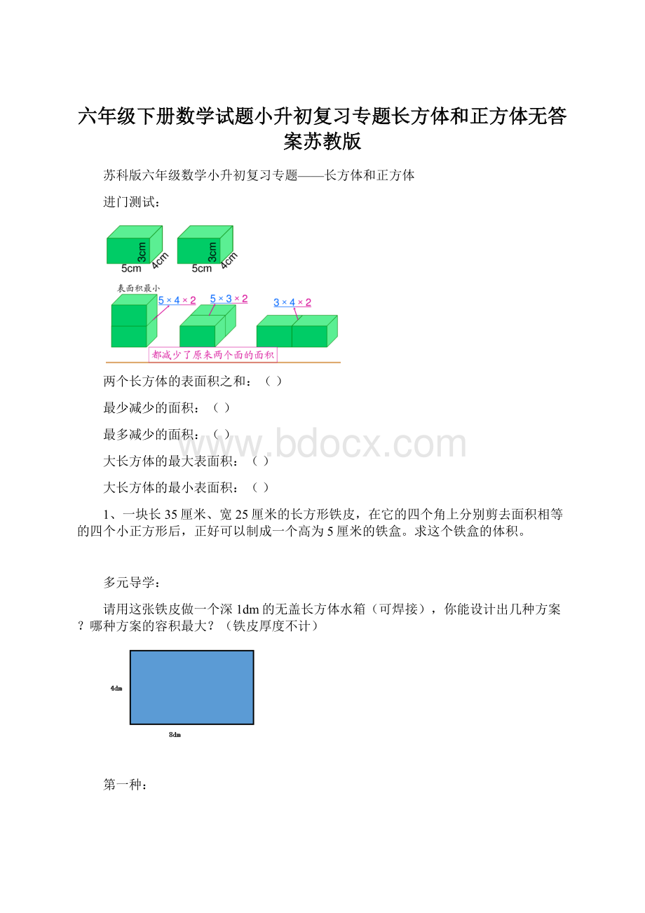 六年级下册数学试题小升初复习专题长方体和正方体无答案苏教版.docx_第1页