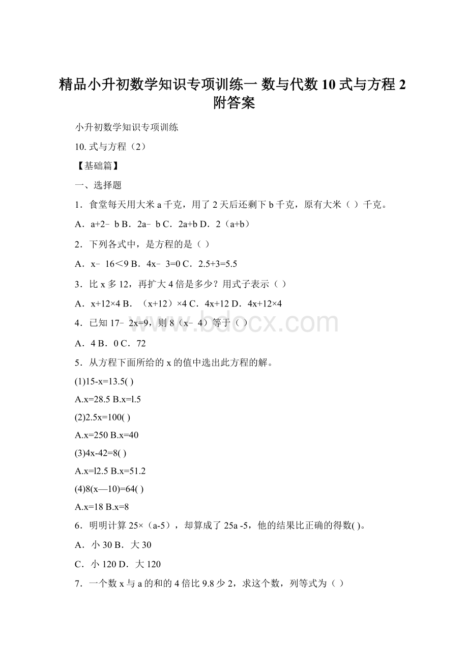 精品小升初数学知识专项训练一 数与代数10式与方程2附答案.docx_第1页