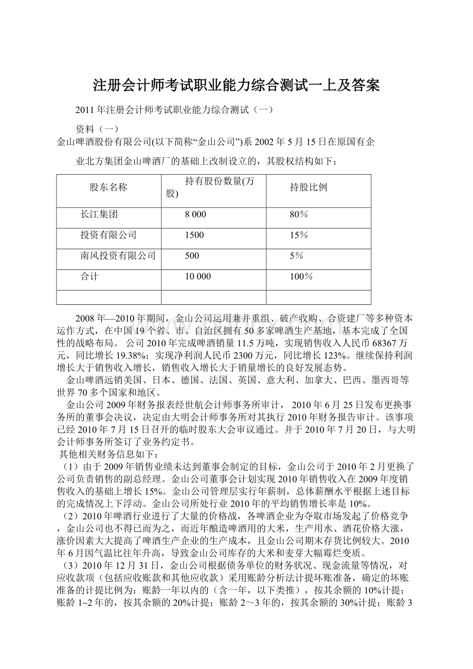 注册会计师考试职业能力综合测试一上及答案Word文档格式.docx_第1页