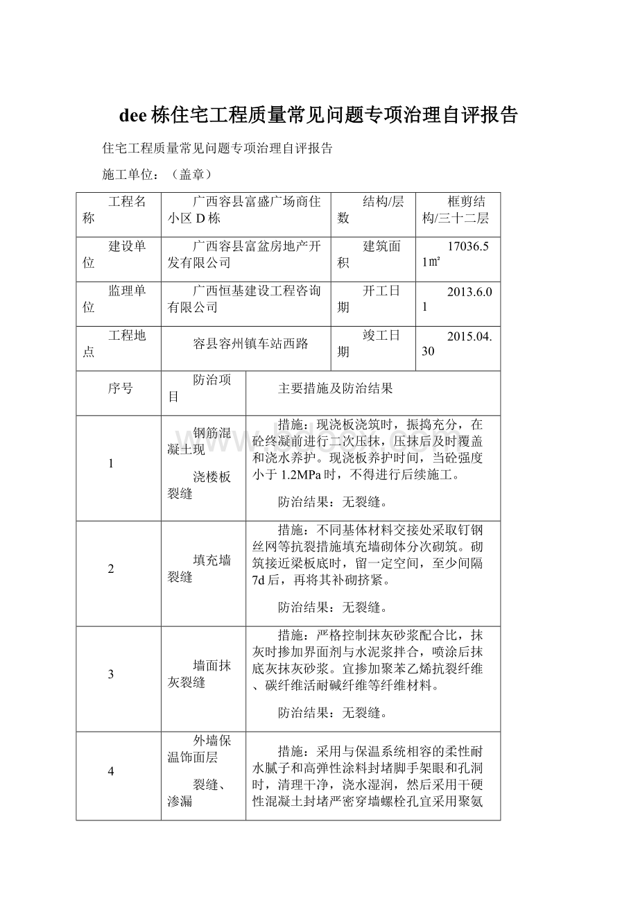 dee栋住宅工程质量常见问题专项治理自评报告Word文档下载推荐.docx