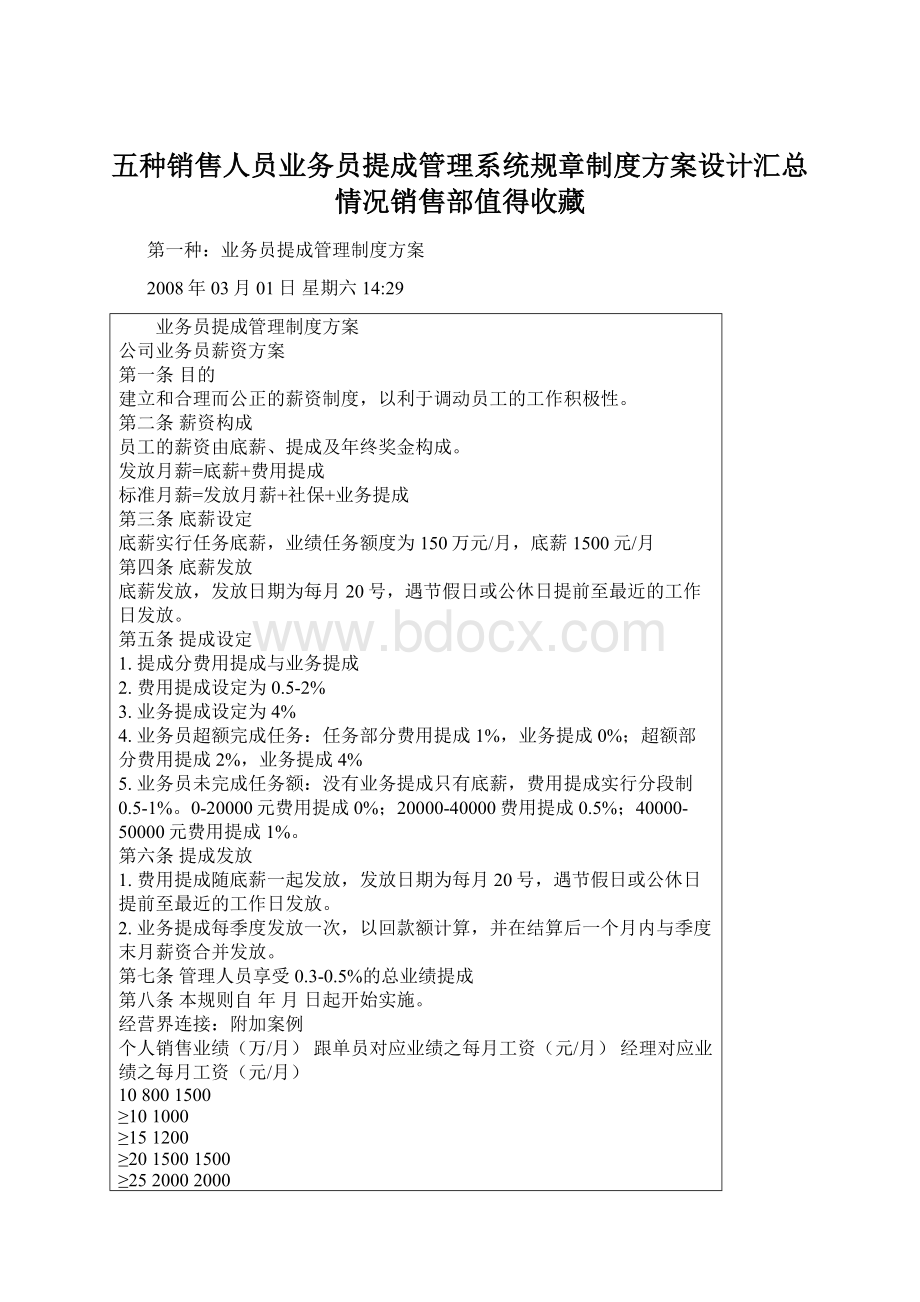 五种销售人员业务员提成管理系统规章制度方案设计汇总情况销售部值得收藏.docx