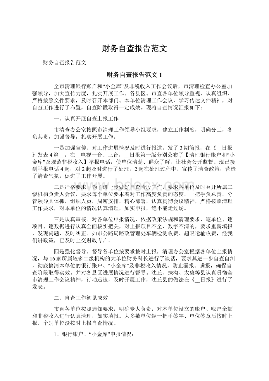 财务自查报告范文Word格式文档下载.docx