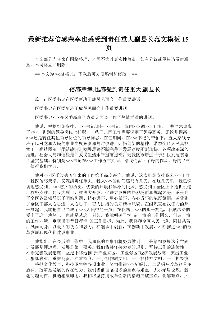 最新推荐倍感荣幸也感受到责任重大副县长范文模板 15页Word文档格式.docx_第1页