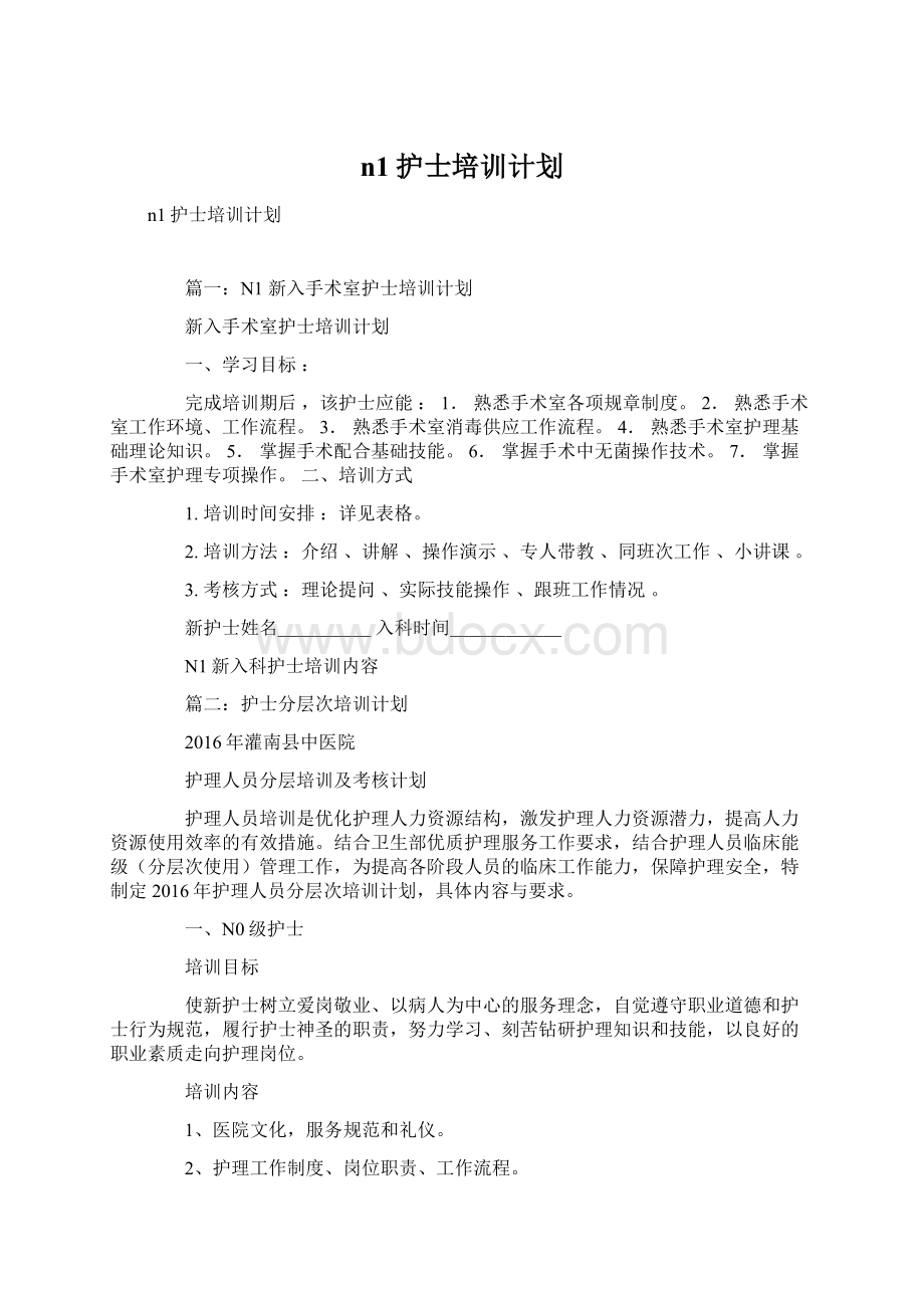 n1护士培训计划Word文档格式.docx