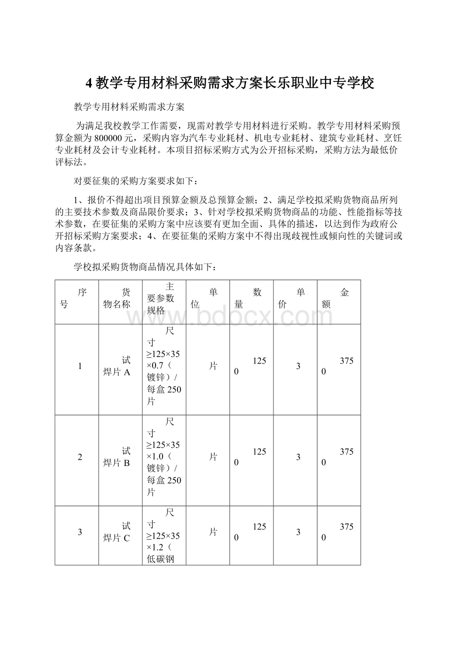 4教学专用材料采购需求方案长乐职业中专学校.docx_第1页