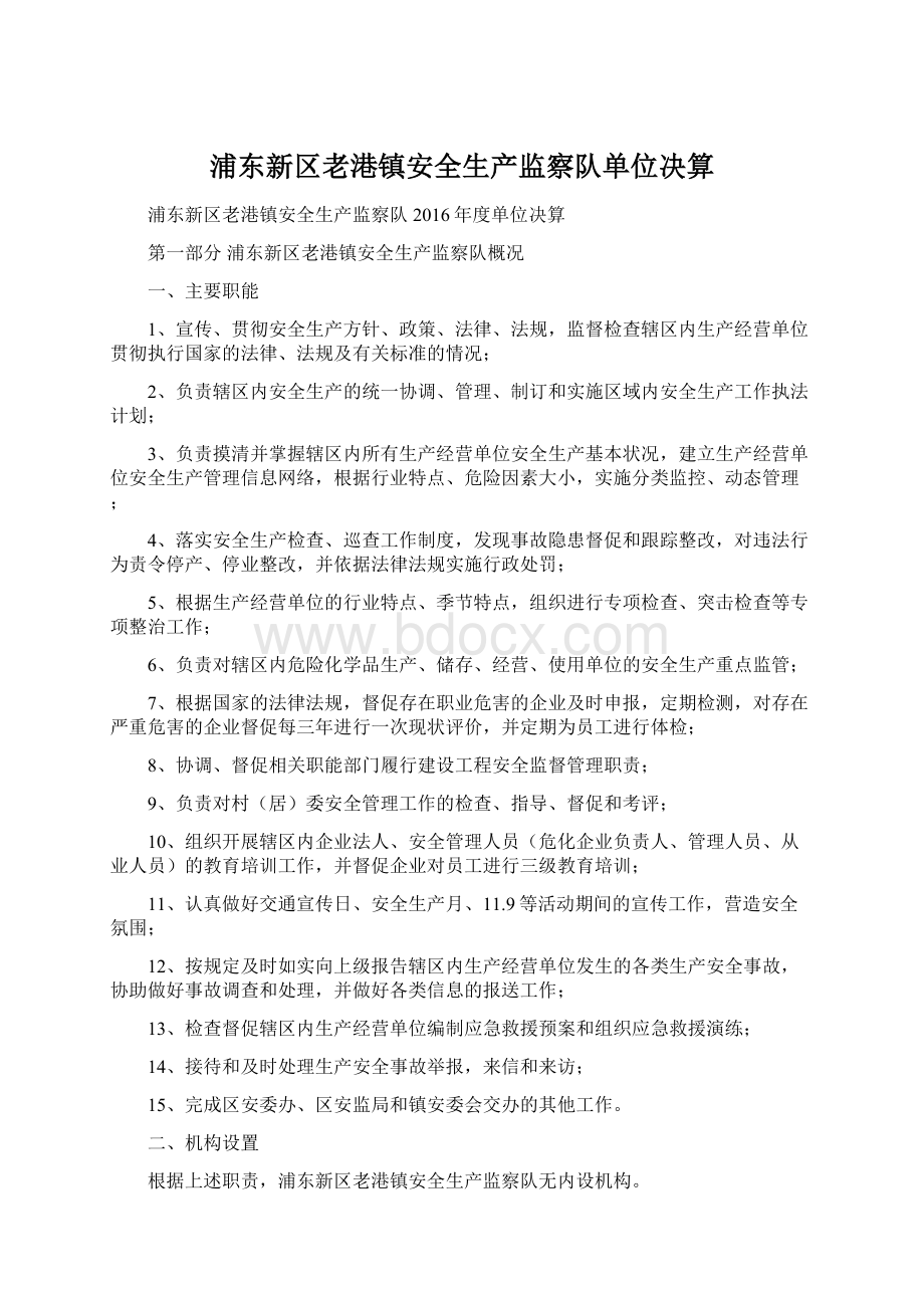 浦东新区老港镇安全生产监察队单位决算.docx_第1页