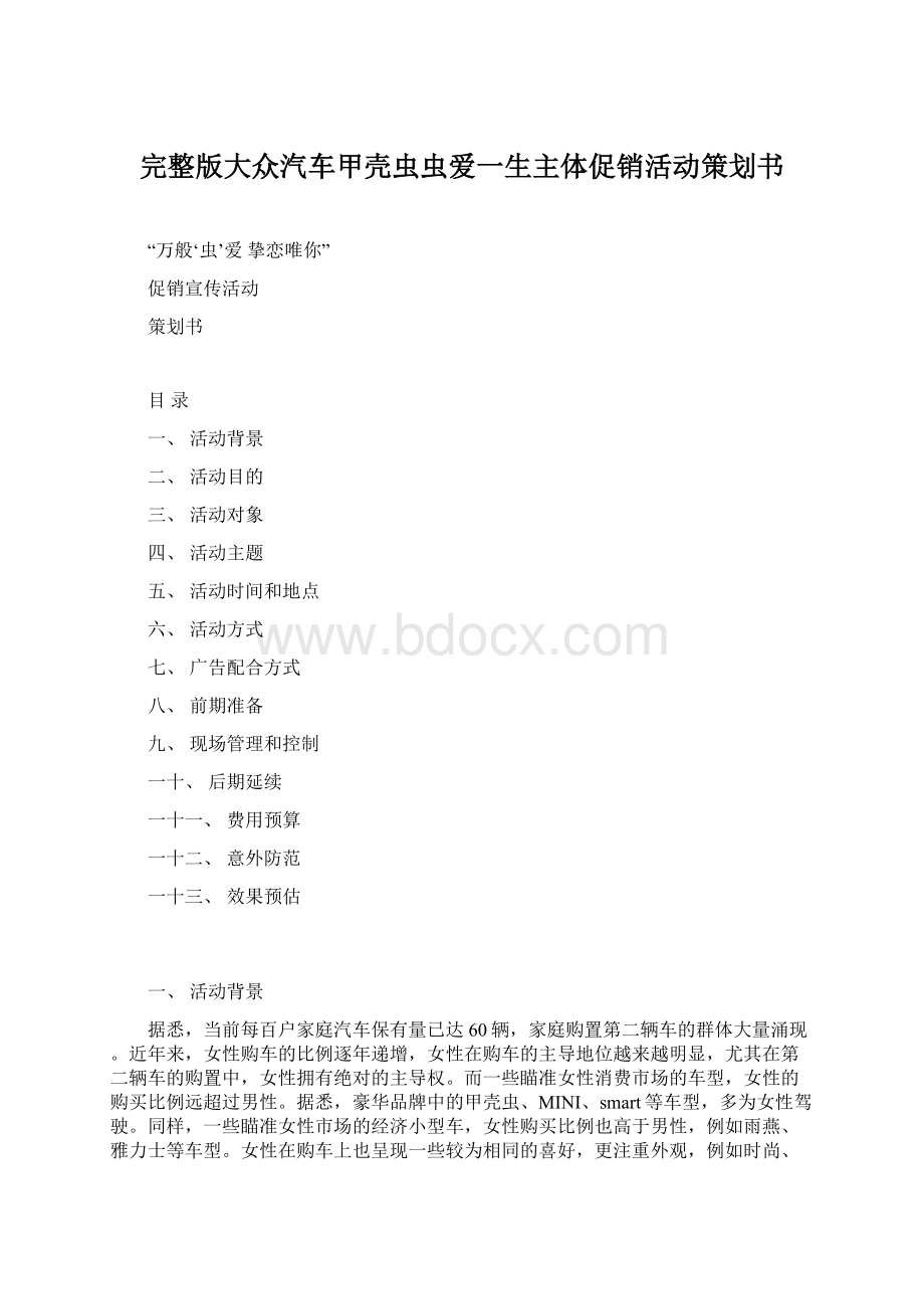 完整版大众汽车甲壳虫虫爱一生主体促销活动策划书.docx