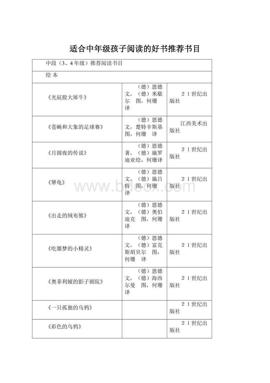 适合中年级孩子阅读的好书推荐书目.docx