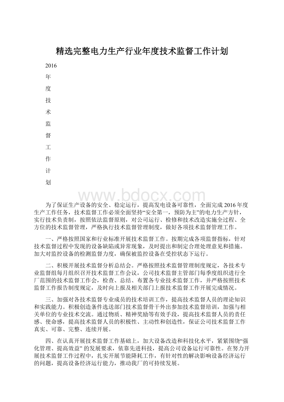 精选完整电力生产行业年度技术监督工作计划.docx_第1页