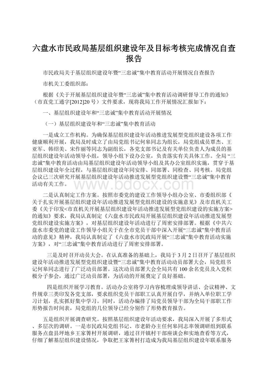 六盘水市民政局基层组织建设年及目标考核完成情况自查报告.docx_第1页