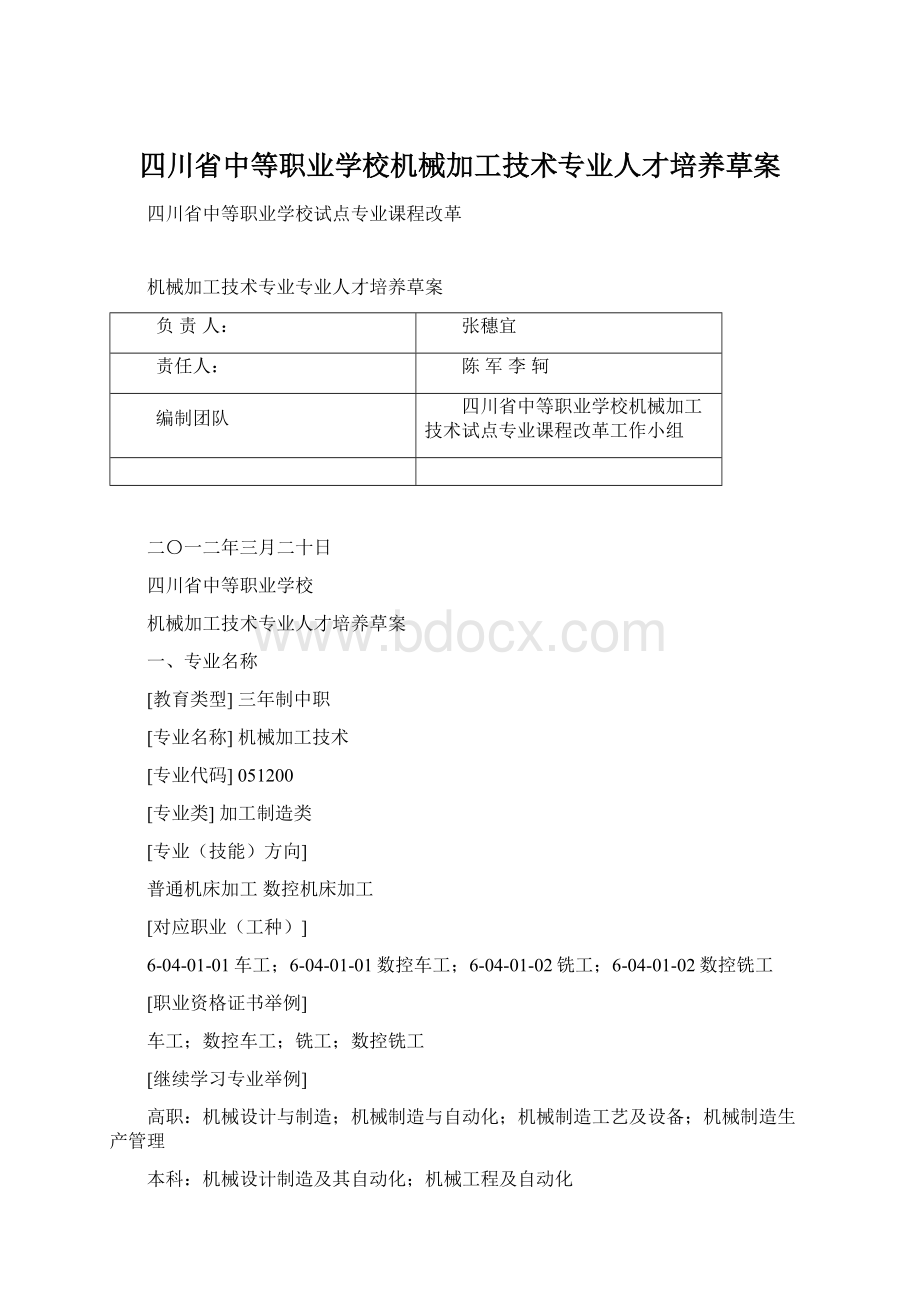 四川省中等职业学校机械加工技术专业人才培养草案.docx