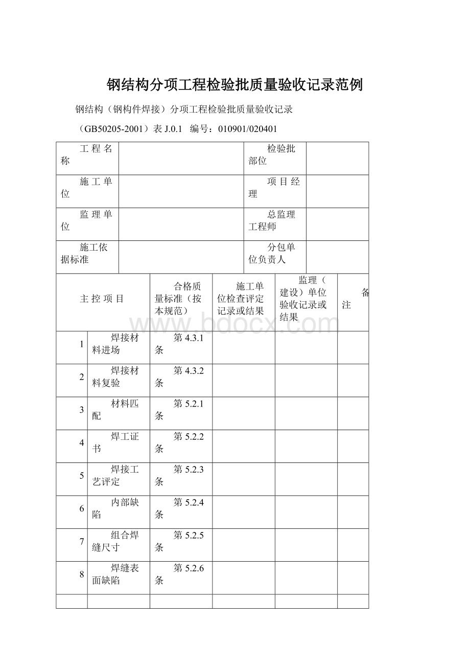 钢结构分项工程检验批质量验收记录范例.docx_第1页