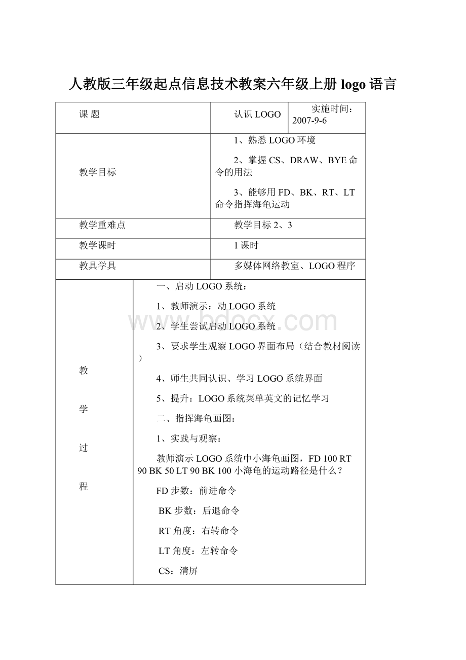 人教版三年级起点信息技术教案六年级上册logo语言.docx_第1页