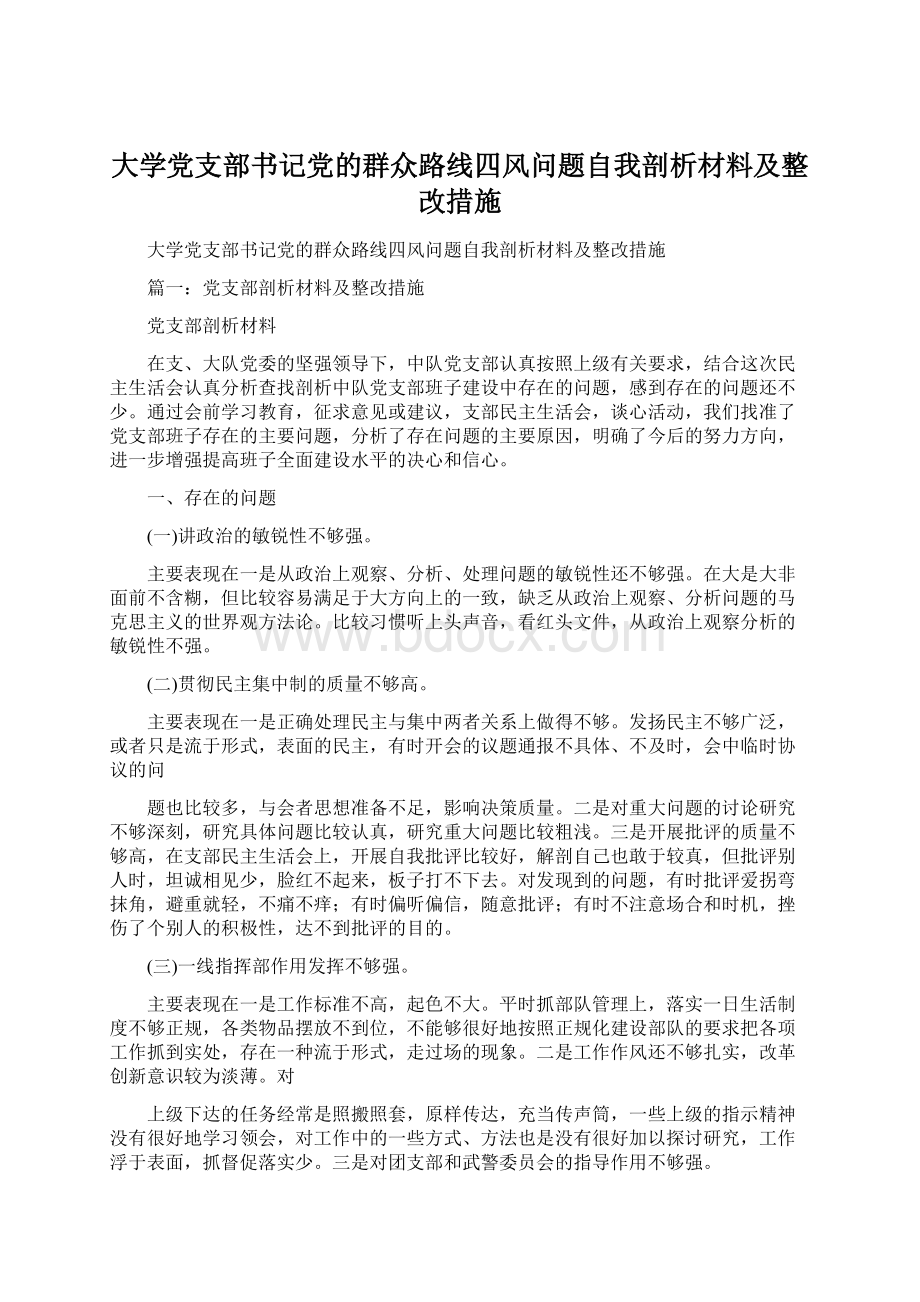 大学党支部书记党的群众路线四风问题自我剖析材料及整改措施Word格式文档下载.docx_第1页