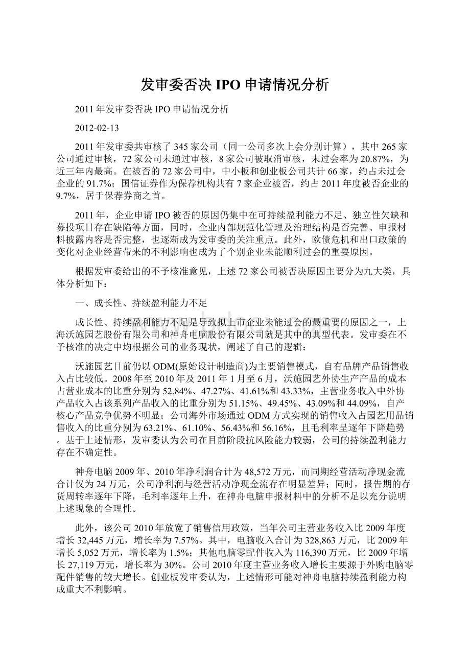 发审委否决IPO申请情况分析Word下载.docx