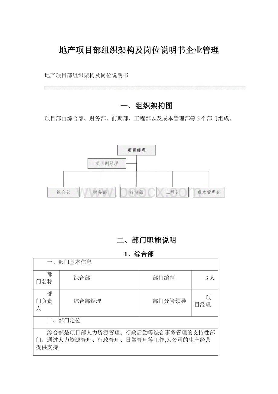 地产项目部组织架构及岗位说明书企业管理Word文档格式.docx_第1页