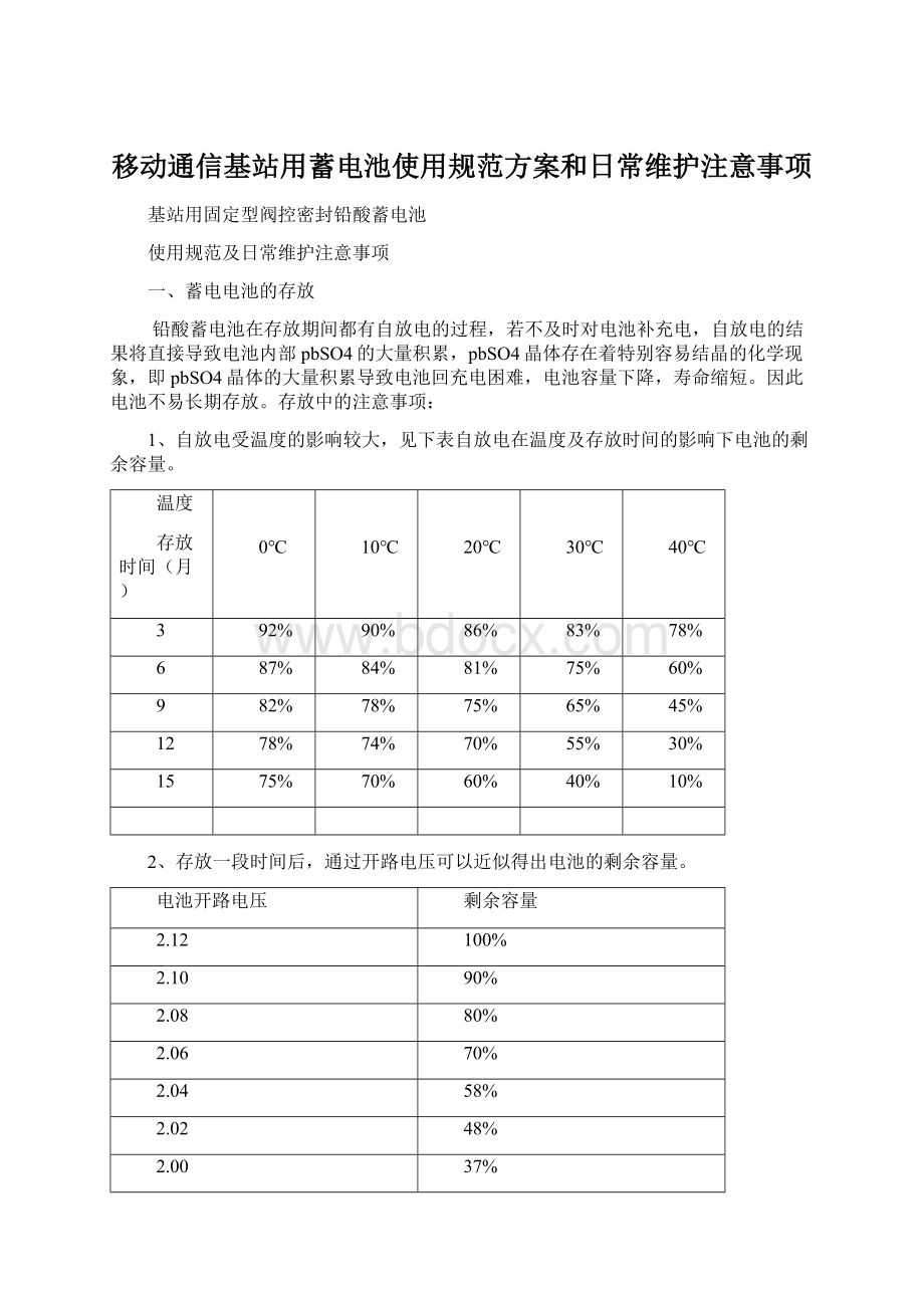 移动通信基站用蓄电池使用规范方案和日常维护注意事项Word格式.docx