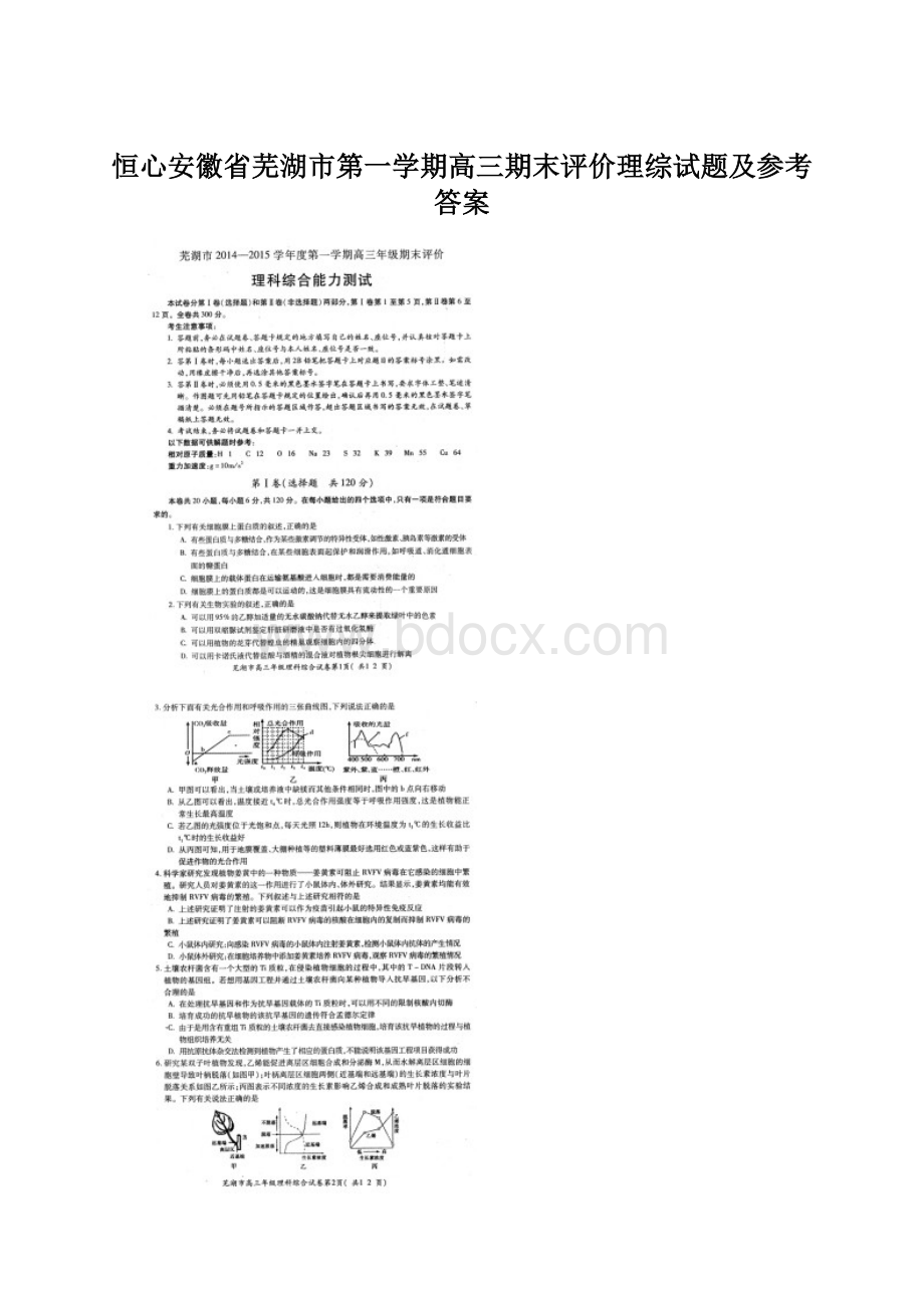 恒心安徽省芜湖市第一学期高三期末评价理综试题及参考答案.docx_第1页