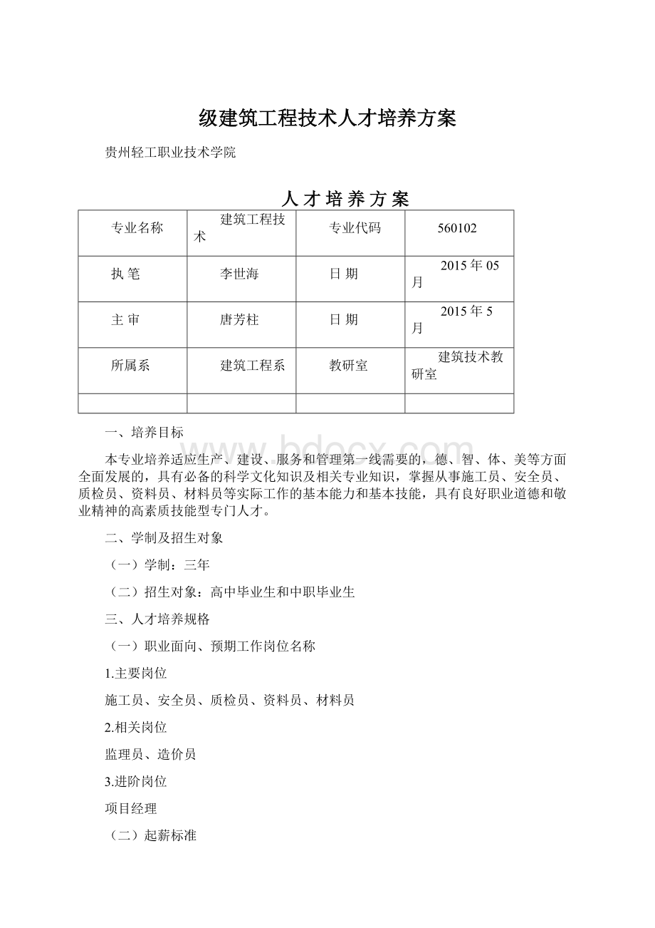 级建筑工程技术人才培养方案Word文档下载推荐.docx