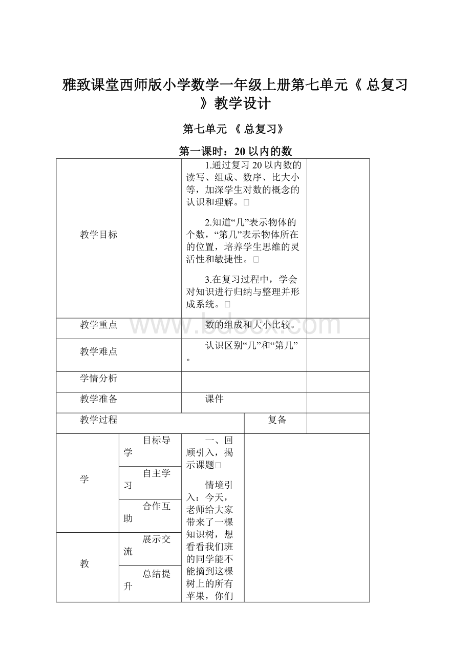 雅致课堂西师版小学数学一年级上册第七单元《 总复习》教学设计Word下载.docx