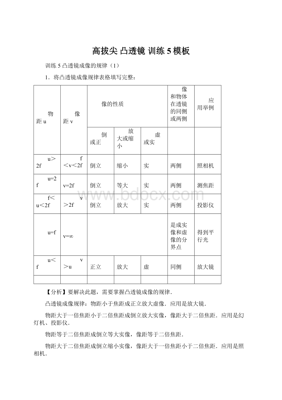 高拔尖 凸透镜 训练5模板Word文件下载.docx_第1页