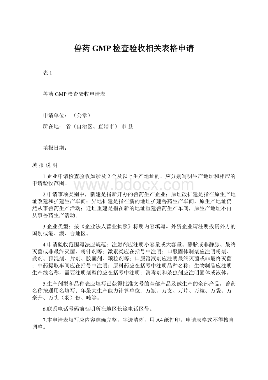 兽药GMP检查验收相关表格申请文档格式.docx