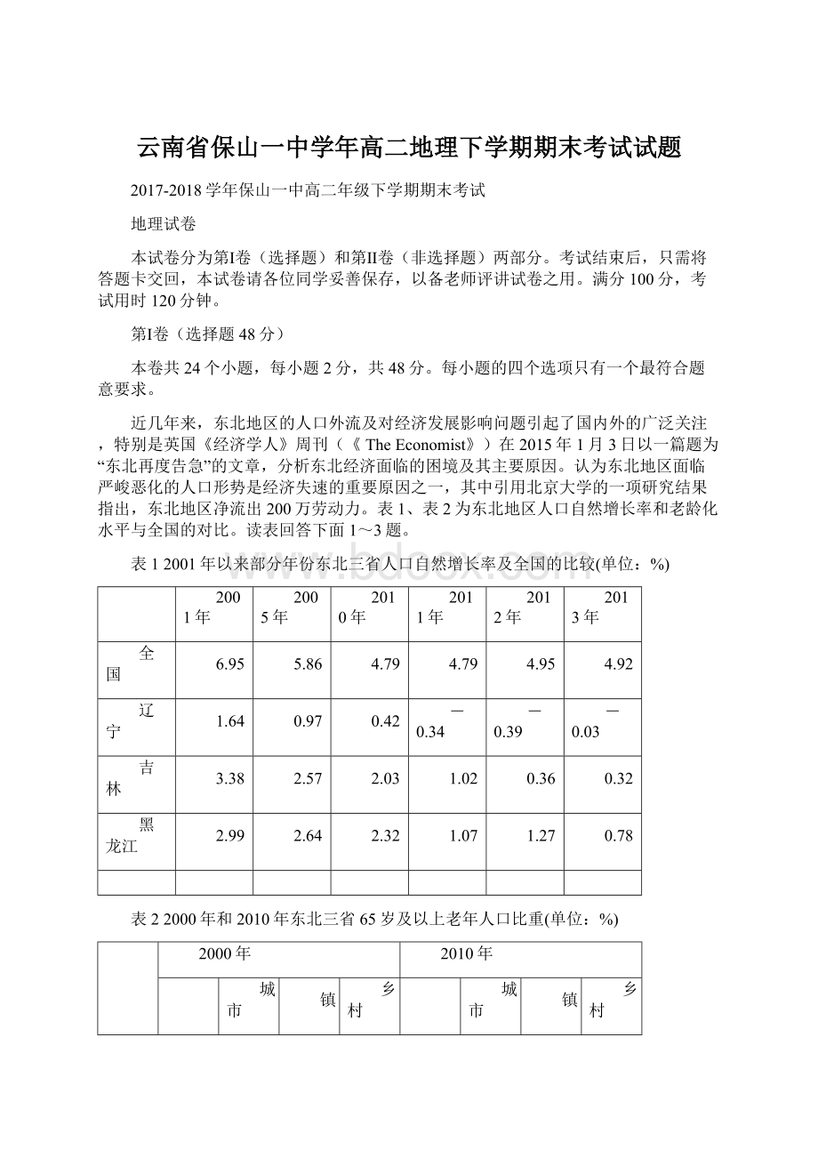 云南省保山一中学年高二地理下学期期末考试试题.docx_第1页