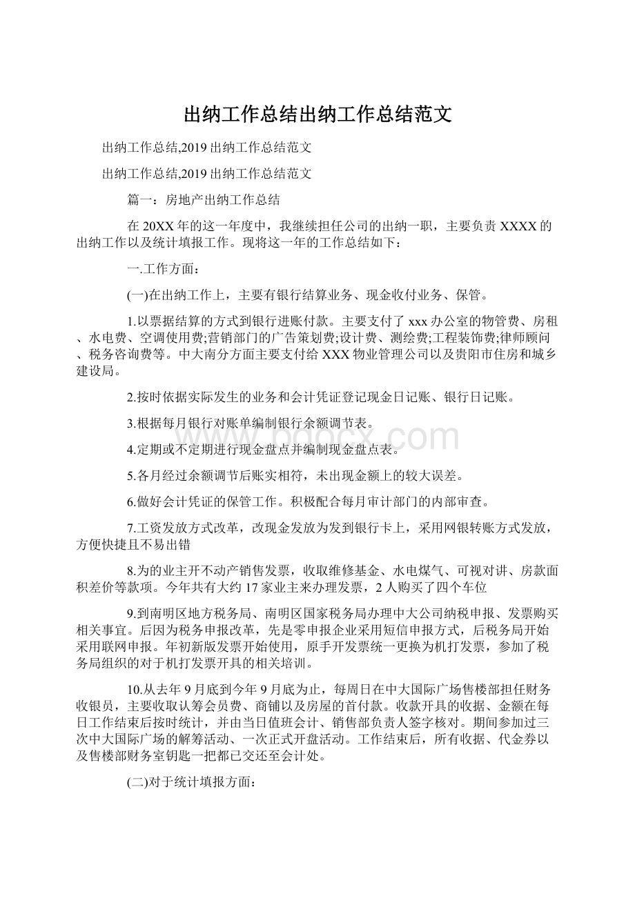 出纳工作总结出纳工作总结范文文档格式.docx